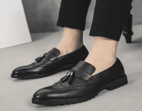 

leather shoes tassel fashion men business dress loafers pointy oxford breathable formal wedding party shoes6000893, Black
