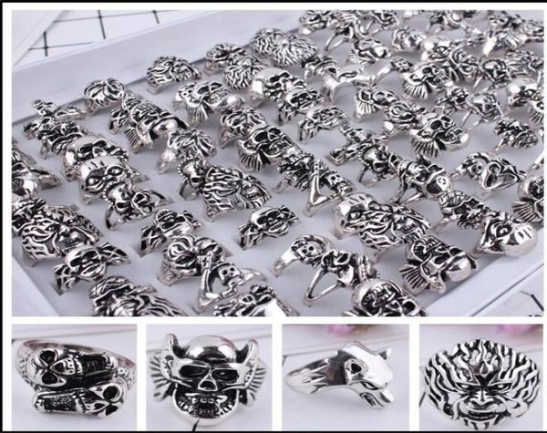 

mixed 20pcs uality gothic punk assorted whole lots skull style bikers men039s vintage tibetan rings 16526415916, Silver