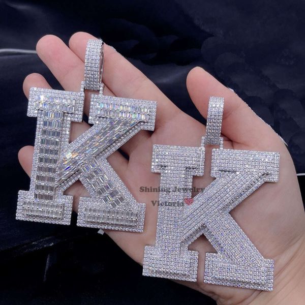 

hip hop iced out 13mm cuban chain vvs moissanite custom 3d initial pendant, Silver