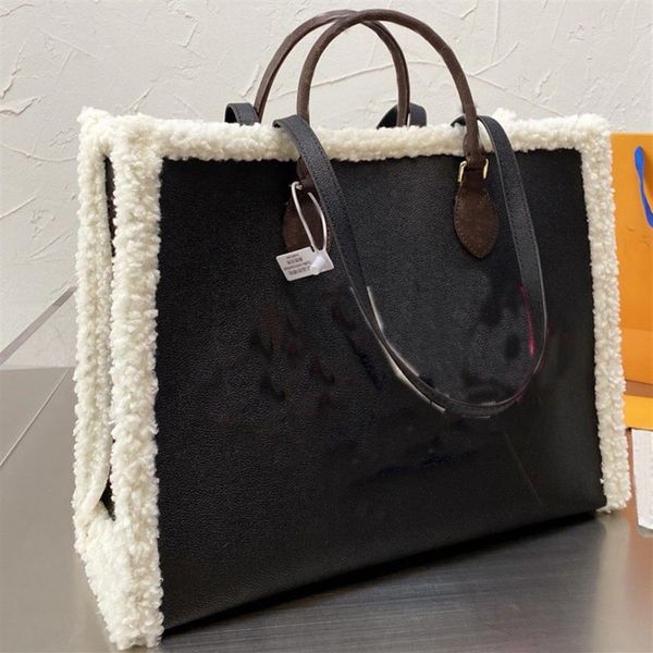 

winter tote bag teddy plush handbag large capacity package wool shoulder bags genuine leather embroidery letter women fur handbags294y