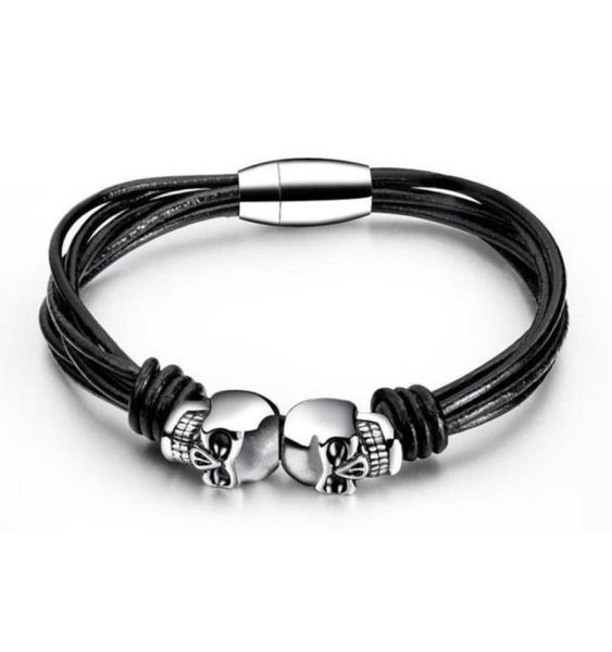 

fashion jewelry mens charm braid multilayer leather skull bracelet finding stainless steel magnetic buckle design punk bracelets f6434428, Golden;silver