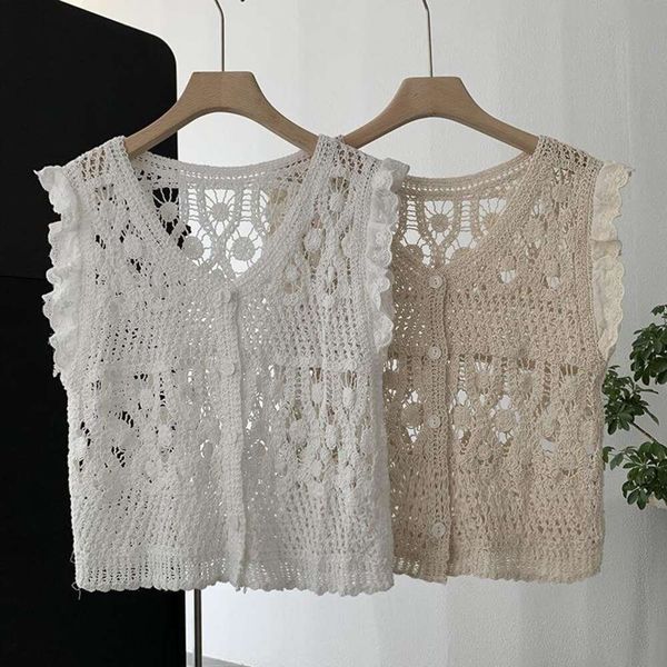 

omalai hooked flower hollow vests v neck single breasted sleeveless vest for women, Black;white