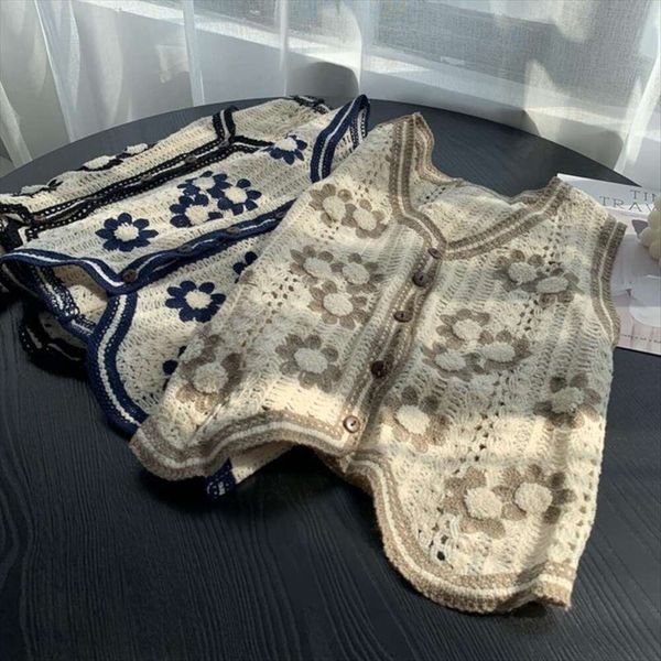 

spring and summer retro v neck vest loose versatile hollowed out crocheted knitted sweater clip, Black;white