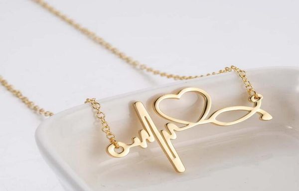 

simple stainless steel necklaces stethoscope electrocardiogram necklace fashion love heart choker chain2778904, Silver
