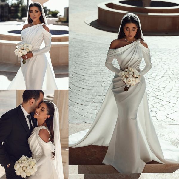 

Graceful Mermaid Wedding Dresses Long Sleeves Bridal Gowns With Detachable Train Pleated One Shoulder Neckline Satin Vestido De Novia, Silver