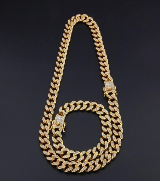 

13mm miami cuban link chain gold silver necklace bracelet set iced out crystal rhinestone bling hip hop for men8558064
