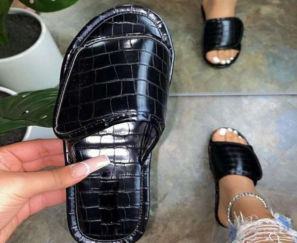 

large size flat sandals for women odile pattern leather fashion solid color flip flops summer beach hook&loop slippers3446111, Black