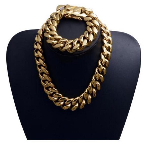 

men039s cuban chain hip hop titanium steel stainless steel 22mm necklace 18k vacuum plating gold necklace bracelet set8886851, Silver