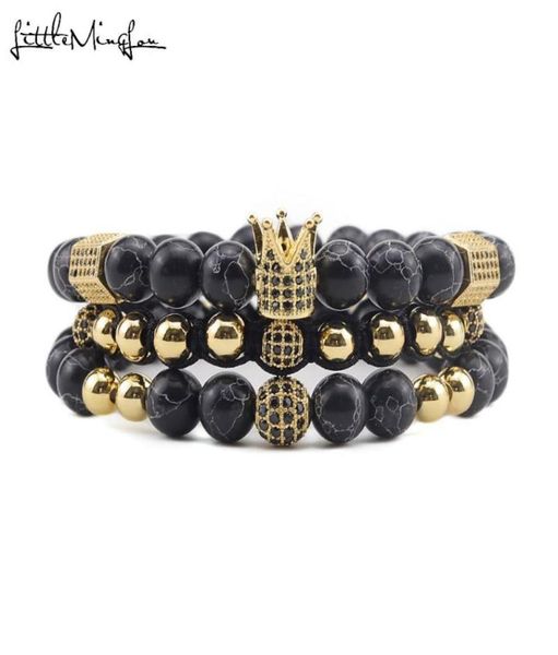 

charm bracelets 3pcsset luxury natural stone beads crown cz ball braided braiding men bangles for jewelry2575863, Golden;silver
