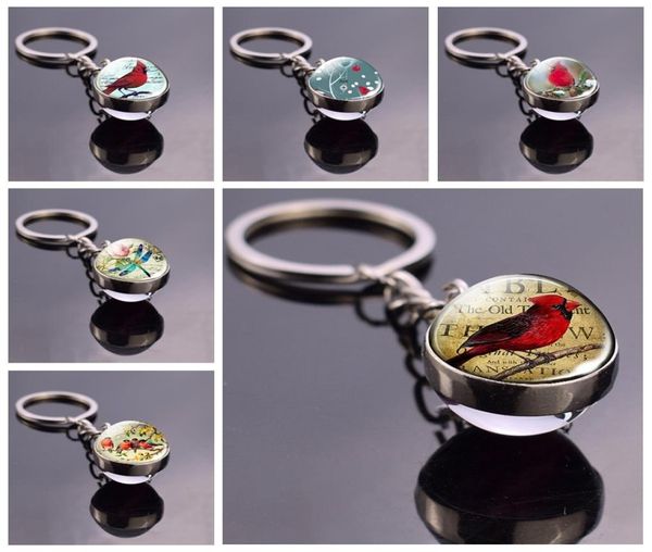 

cardinal grosbeaks dragonfly glass ball key rings red bird art pendant double sided keychain jewelry accessories1638782, Silver