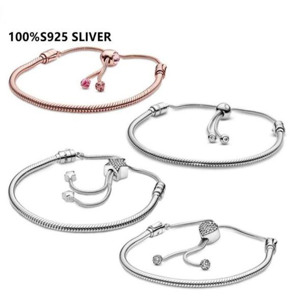 

original charm chain bracelet 100% 925 sterling silver adjust slide bangle for women's fashion classic diy jewelry1231780, Golden;silver