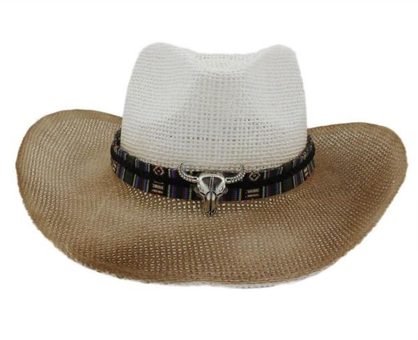 

brown spray paint large brim paper cowboy straw hat outdoor men women sun protection hat beach panama sun cap6986856, Blue;gray