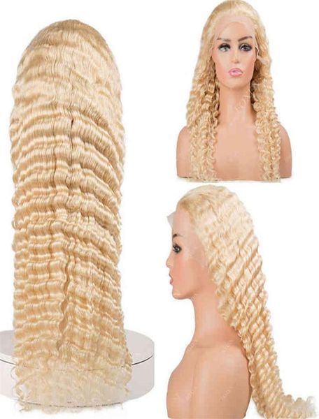 

180 density 12a long blonde hd lace closure wigs 13 6 transparent lace frontal wig 613 40inch deep wave wig black women228h1451280, Golden;white