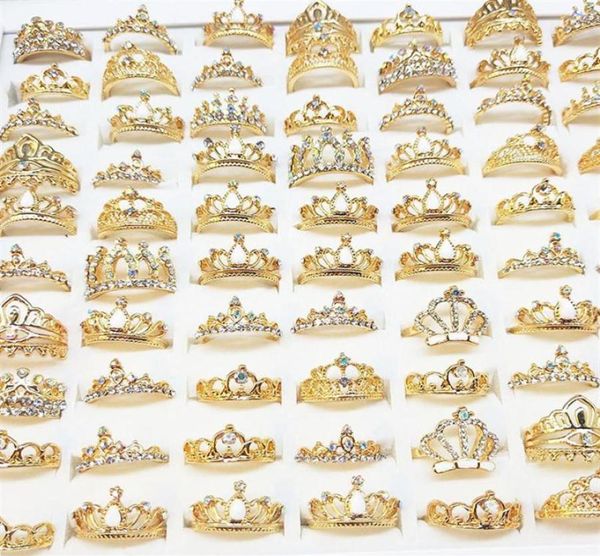 

whole 25pcs lot gold silver plated women039s crown rhinestone fashion jewelry rings mix styles brand new wedding ring275p5565709, Golden;silver