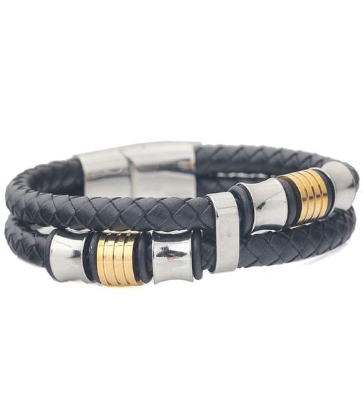 

men039s fashion european stylish black genuine leather silvergold plated stainless steel rope shape leather bracelet1324657, Golden;silver