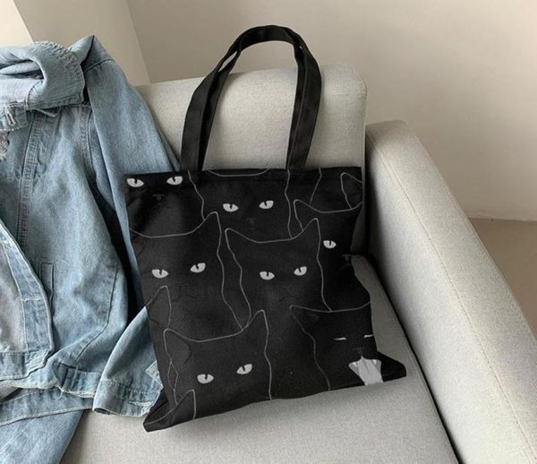 

shopping bags special cartoon cat print black canvas bag for women fun casual large capacity eco fashion totebag cute shopper bags5277640