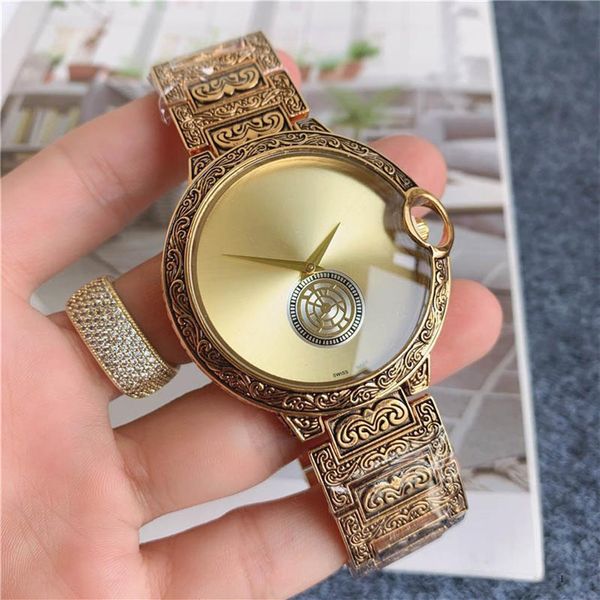 

fashion brand watches men retro carved style metal steel band quartz wrist watch ca54250u, Slivery;brown
