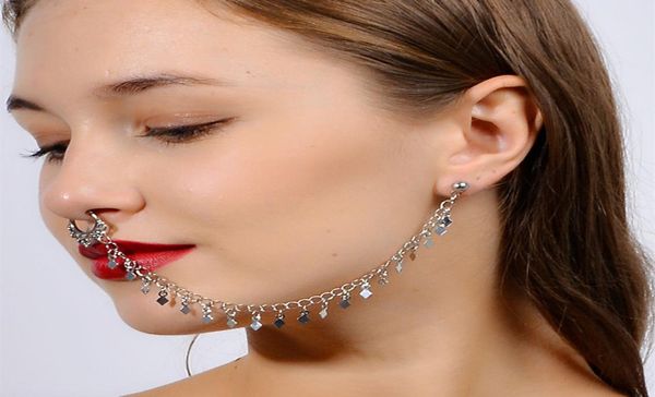 

false nose ring with chain earrings set traditional indian woman nose piercing body jewelry for lady9654724, Silver