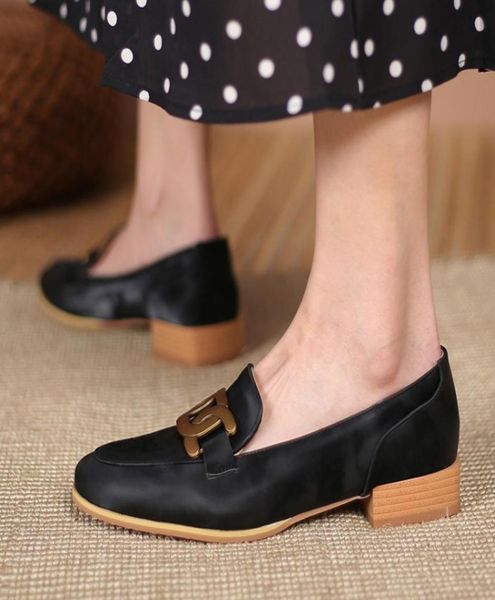 

women flat dress shoes authentic cowhide metal buckle ladies leather mules lazy shallow round toe low heel casual large size 41 426123233, Black