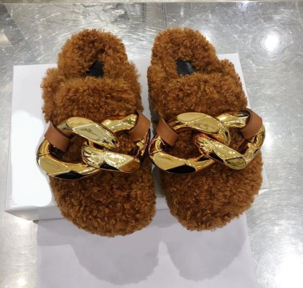 

london luxury flat heels slipper classic jw loafers winter plus cashmere ja sandals genuine leather wood bottom gold chain slipper8618798, Black