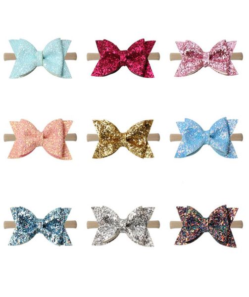 

baby girls sequins hairband 35 inch bows leather nylon headband kids boutique solid thick ribbon nylon hair band baby accessories2185591, Slivery;white