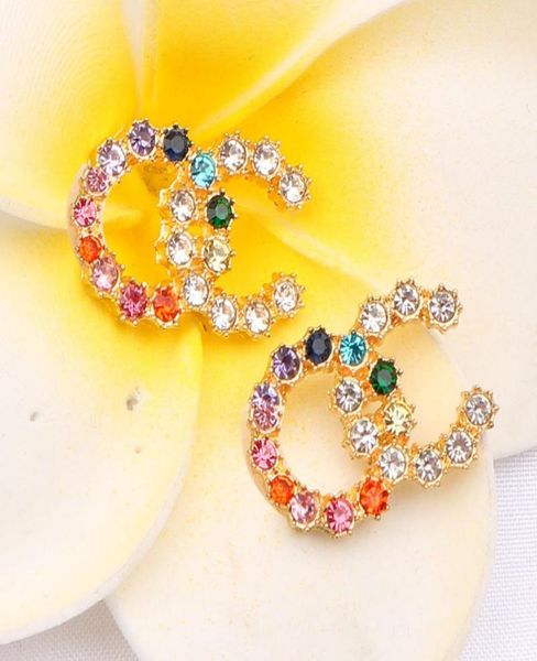 

18k gold plated luxury brand designers double letters stud clip chain geometric famous women 925 silver colorful crystal rhineston1185791, Golden;silver