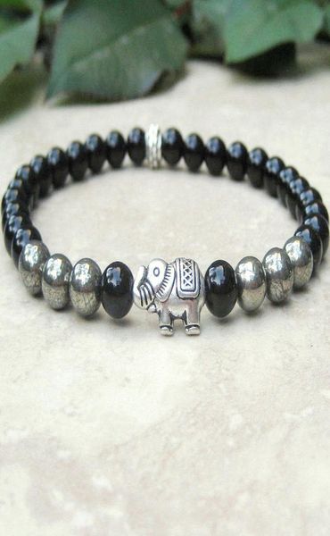 

mg0716 6 mm black onyx and pyrite gem stone bracelet elephant bead mala healing bracelet womens tibetan good luck bracelet5543791