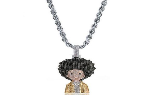 

14k gold plated icy huey boondocks pendant necklace mens micro pave cubic zirconia simulated diamonds with 24inch rope chain1226601, Silver