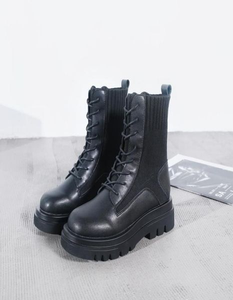 

patchwork boots cow leather knitting boots plus size western shoes thick bottom boot high boot z2572694048, Black