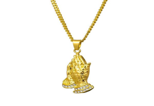 

designer fashion men praying hand pendant necklaces hip hop jewelry rhinestone crystal design 60cm long chains punk necklace for m2089319, Silver