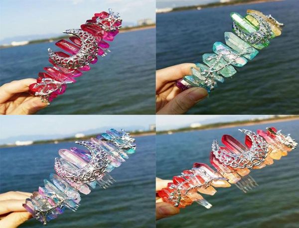 

hair clips barrettes natural crystal wicca witch jewelry rainbow crown headband bridal headdress party moon branch charm comb3822241, Golden;silver