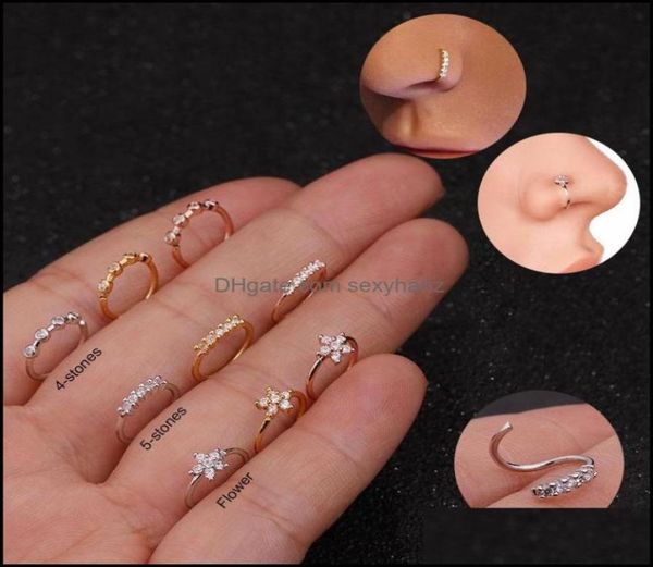 

nose rings studs body jewelry sier and gold color 20gx8mm piercing cz hoop nostril ring flower helix cartilage tragus earring 872049007, Silver