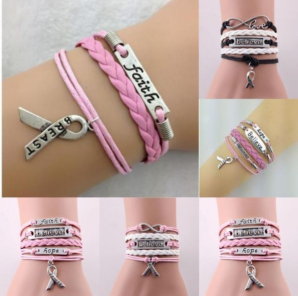 

infinity love faith believe hope cancer breast charm bracelet registered adjustable leather bracelets women men jewelry5430860, Golden;silver