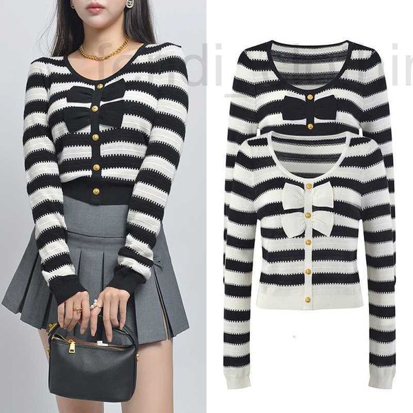 

women's knits & tees designer french style contrast stripe bow knitted cardigan sweater spring and autumn thin 2023 new coat cc0h, White