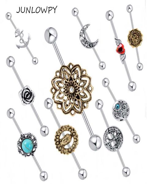 

14g 38mm hollow moon anchor rose industrial barbell bar ear ring body piercing jewellery new style 20pcslot6349063, Silver