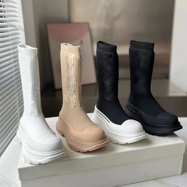

fashion socks boots women boot spring winter cotton warm designer boots letter printed shoes chunky heels half boot famous high street walki, Black