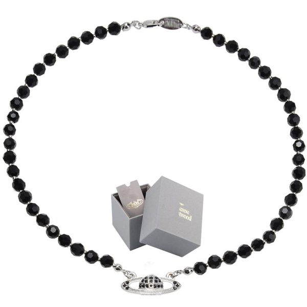 

saturn black crystal single layer full diamond necklace punk dark style collarbone chain can be worn by men and women with box288c, Silver