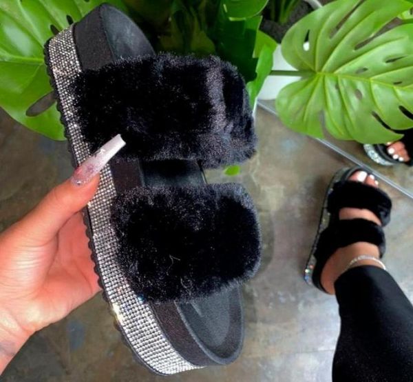 

sandals women fur winter female furry slides outdoor bling rhinestone warm plush thicksoled larges size whole woman shoes4402103, Black