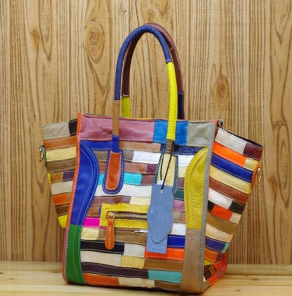 

genuine leather cowhide women colorful stripes stitching handbag fashion casual shoulder ladies tote bag messenger bags5759741