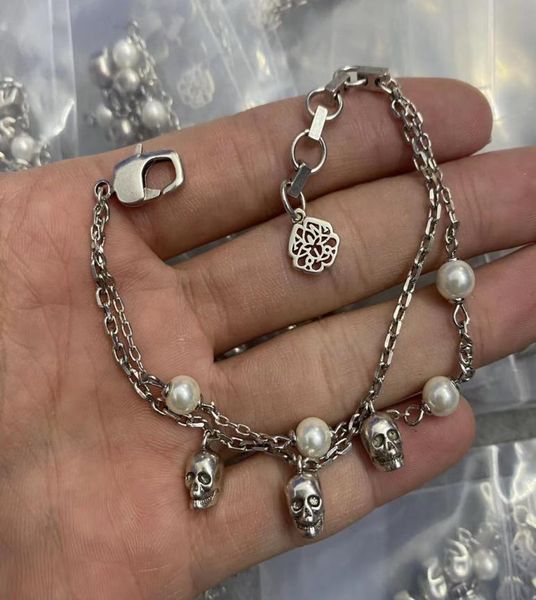 

double layer chain pearl skull pendant bracelets gold silver skull skeleton ladies luxurious eternal love bangle for women meb1 1789836, Golden;silver