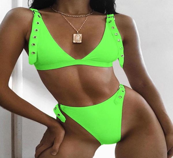 

2019 women buttonhole neon green push up bikini brazilian bathing suits low waist neon yellow swimwear5221590