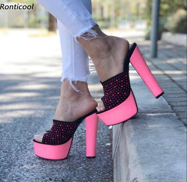 

rontic handmade women mules sandals slippers crystal chunky heels open toe gorgeous  colors party shoes us size 5207014806, Black
