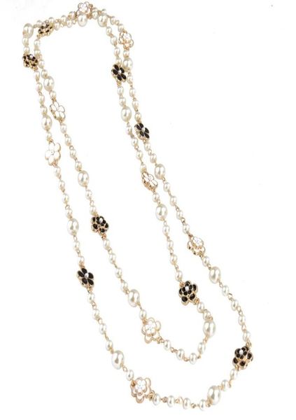 

new fashion luxury designer classic style elegant flowers white pearls long chain sweater statement necklace for woman7138681, Black