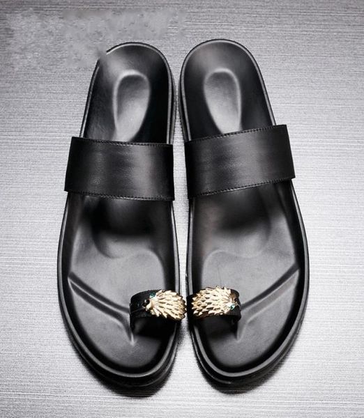 

fashion style slippers men summer flip flops black soft leather summer beach sandals mens slides breathable8209121