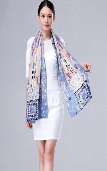 

100 silk scarf artist oil painting long silk scarf selling all season 42160cm 36986356121, Blue;gray
