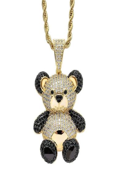 

bling iced out teddy bear pendant pave full cubic zircon fashion hip hop jewelry panda necklace for women men gift x05097777683, Black