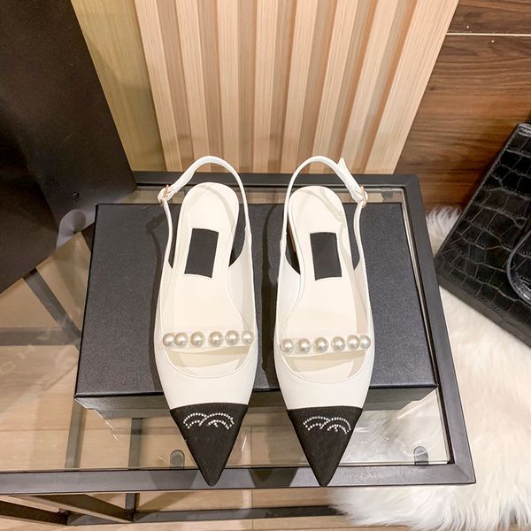 

new women pointed dress shoes luxury designer classic color block mary janes shoes fashion pearl chain paired with rhinestone flat bottom sl, Black