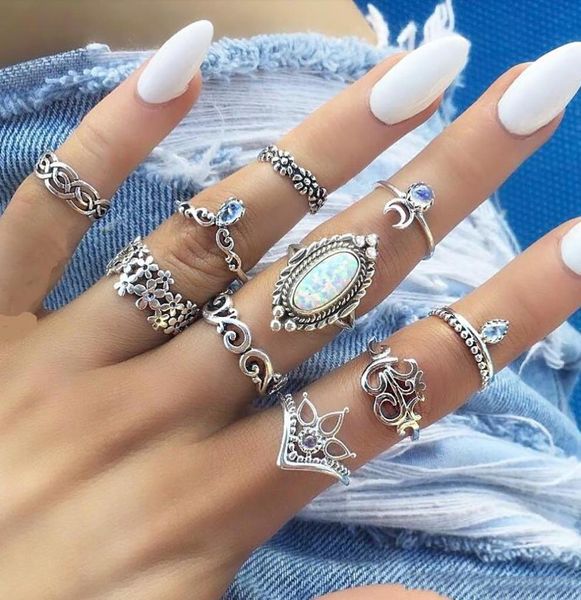 

boho midi knuckle finger rings sets for women beach opal crystal crescent ancient silver geometric rings bohemian fashion jewelry 5990008, Golden;silver