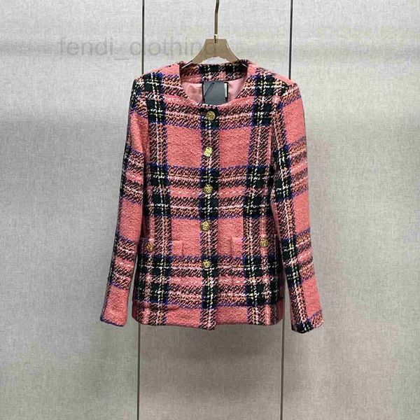

women's jackets designer autumn/winter 22 red and black plaid tweed coat style celebrity wool waist striped round neck vintage style, Black;brown