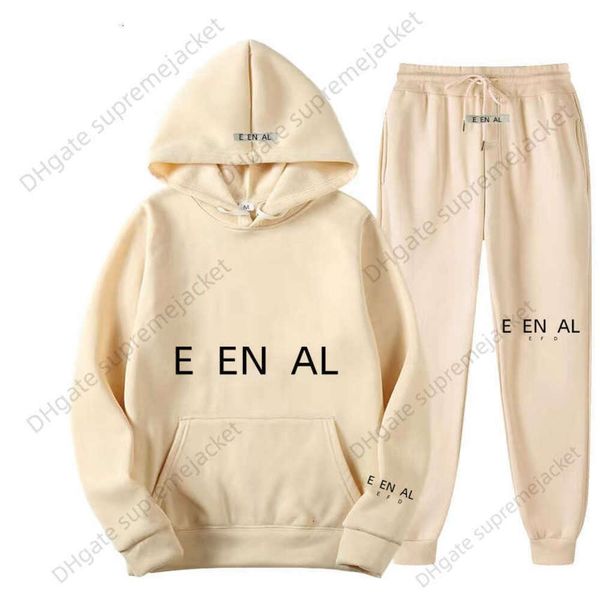 

men women hooded sets esential print 2 piece suit thick fleece jogging sweatshirts oversized tracksuit hoodie+pants streetwear, Black
